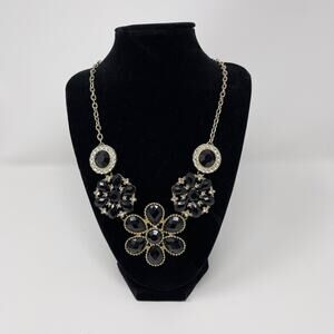 Black and Gold Floral Bib Statement Necklace Gem Stones Fashion Trendy
